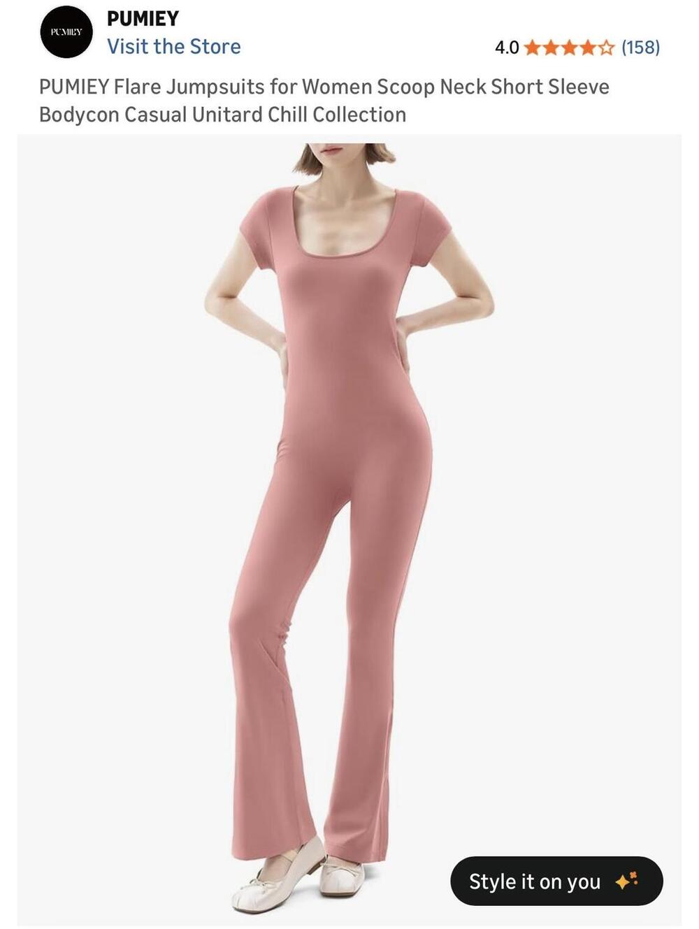 PUMIEY Flare Jumpsuit for Women Scoop Neck Short Sleeve Bodycon Casual Unitard